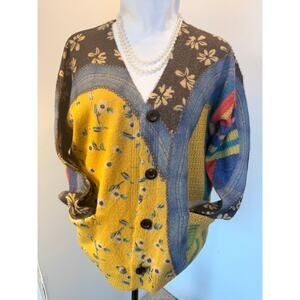 Patchwork RETRO  Cardigan Sweater Cotton Wool Blend Knit Boho Granny Chic (283)